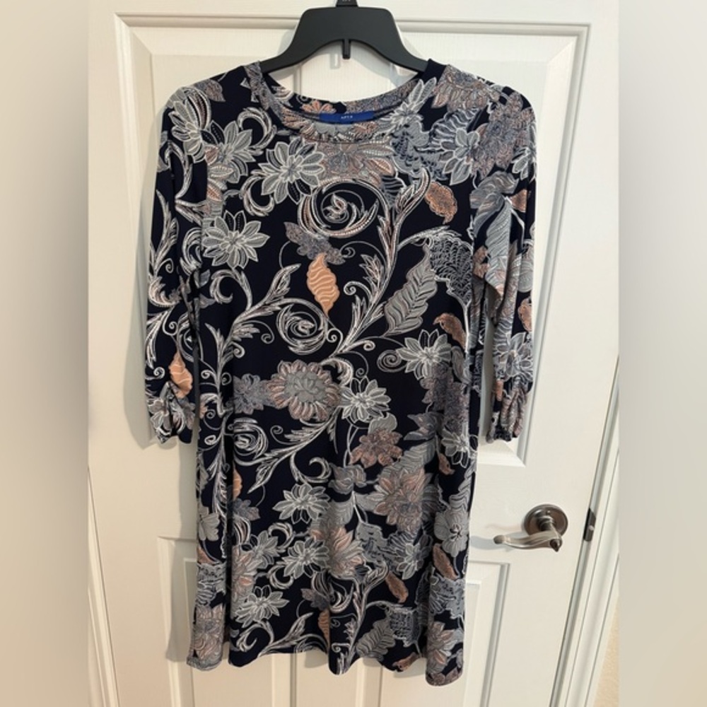 Apt. 9 New Stretch A-Line Navy Blue Peach White Floral Pockets Ruched Sleeves M